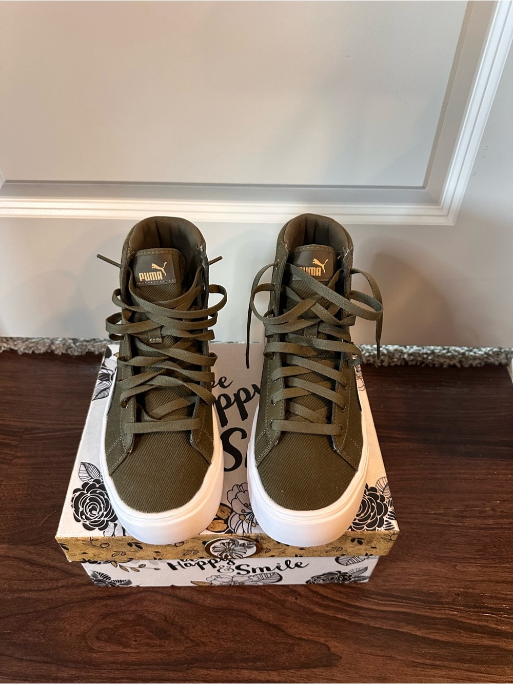 Puma Olive Green High-Top Canvas Sneakers with White Soles